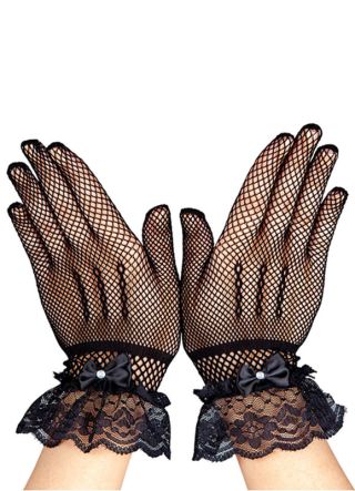 80s Black Fishnet Gloves with Lace and Diamantes