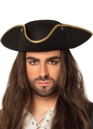 Tricorn Pirate Black Hat with Gold Trim 
