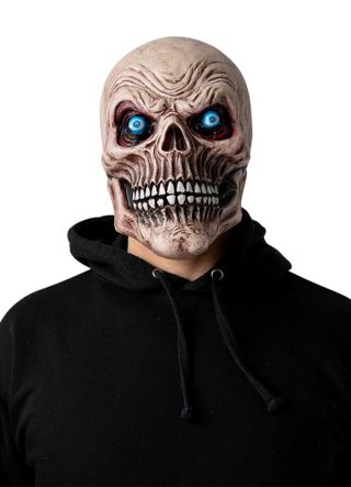 Grim reaper skull mask with piercing blue LED eyes 