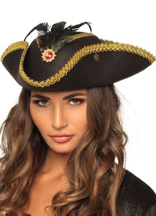 Ladies Black Pirate Hat with Gold Trim & Red Jewel 