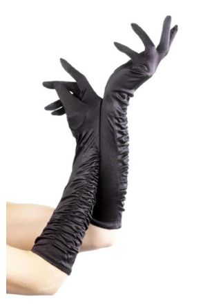 Long Ruched Black Ladies Satin Gloves