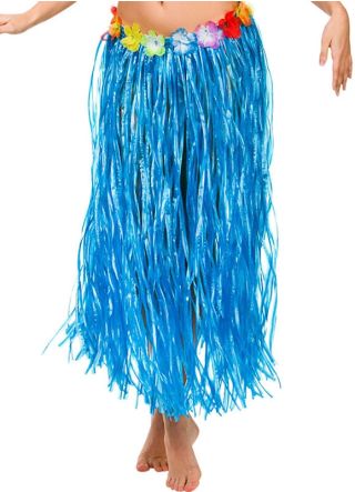 Hawaiian Long Blue Grass Skirt with Flowers - will fit up to waist size 40" or 102cm