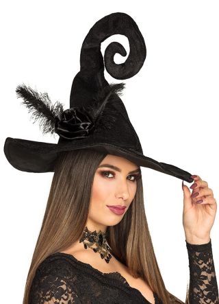 Deluxe Black Velvet Curly Witch Hat