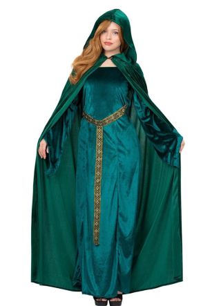 Deluxe Emerald Green Faux Velvet Hooded Cloak 	