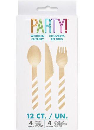 Disposable Wooden Cutlery White Stripe - 12pk