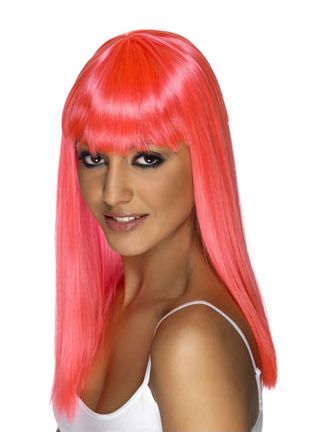 Long Neon Pink Wig with Fringe