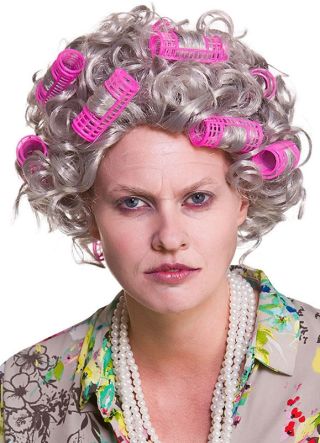 Granny Grey Curly Wig with Pink Rollers