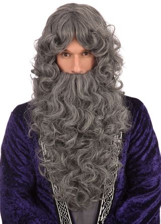 Long Grey Prof Wizard Curly Wig & Beard