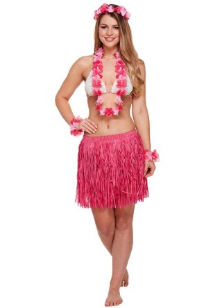 Hawaiian 5 Piece Grass Skirt Set Pink - will fit up to waist size 40" or 102cm