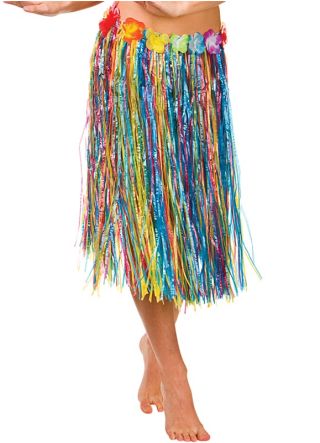 Hawaiian Short Multi Coloured Grass Skirt with Flowers - will fit up to waist size 40" or 102cm