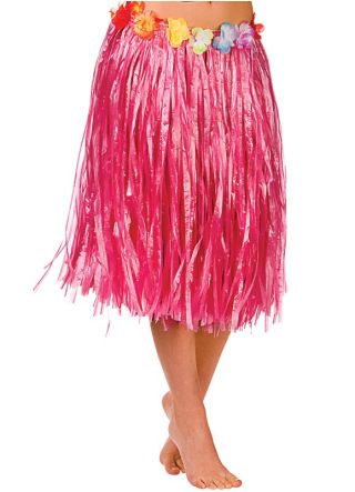 Hawaiian Short Pink Grass Skirt with Flowers - will fit up to waist size 40" or 102cm