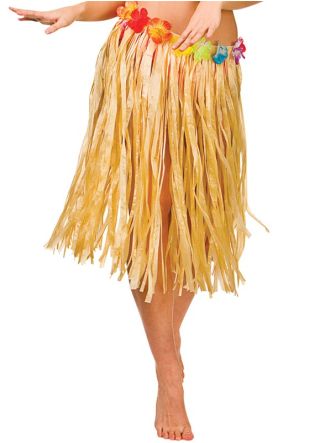 Hawaiian Short Plain Grass Skirt with Flowers - will fit up to waist size 40" or 102cm