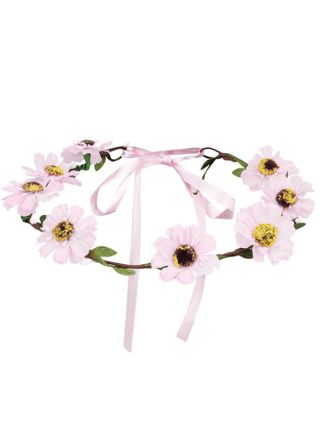 Hippy Headband with Pink Flowers and Green Leaves