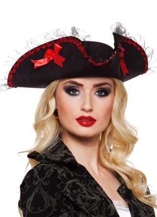 Ladies Black Ruched Pirate Hat – Tricorn   