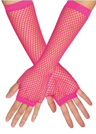 80s Long Neon Pink Fishnet Gloves