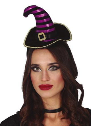 Mini Black and Purple Striped Witch Hat with Gold Trim