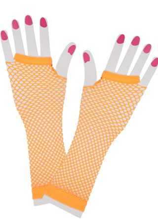 80s Long Neon Orange Fishnet Gloves