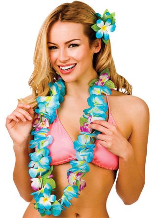 Hawaiian Orchid Lei with Leaves Blue