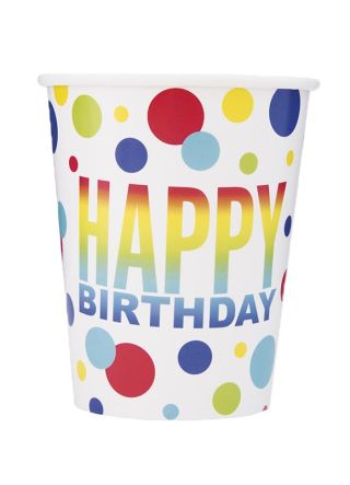 Rainbow Spot Birthday Paper Cups 25cl – 8pk