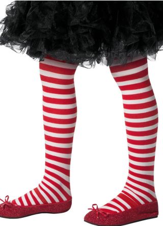Kids Striped Elf Tights - Red & White - Age 6-9