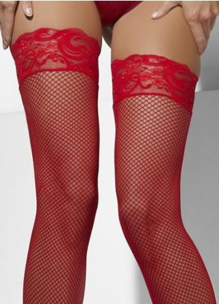 Red Fishnet Stockings Hold-Ups - Dress Size 6-14