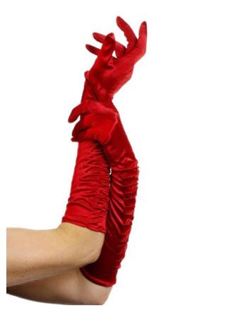 Long Ruched Red Ladies Satin Gloves