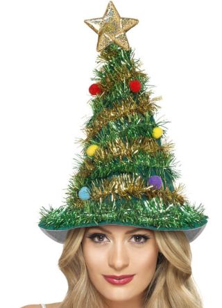 Festive Christmas Tree Hat - Tinsel, Star and Baubles