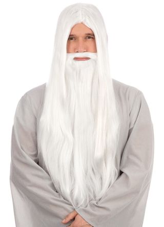 White Long Straight Prof Wizard Wig & Beard