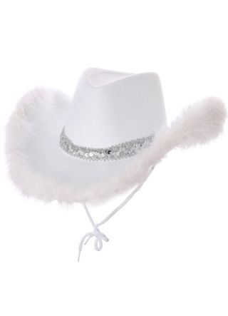 White Fluffy Marabou Trim Cowboy Hat