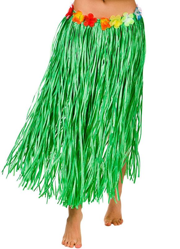Hawaiian Long Green Grass Skirt with Flowers - will fit up to waist size 40  or 102cm